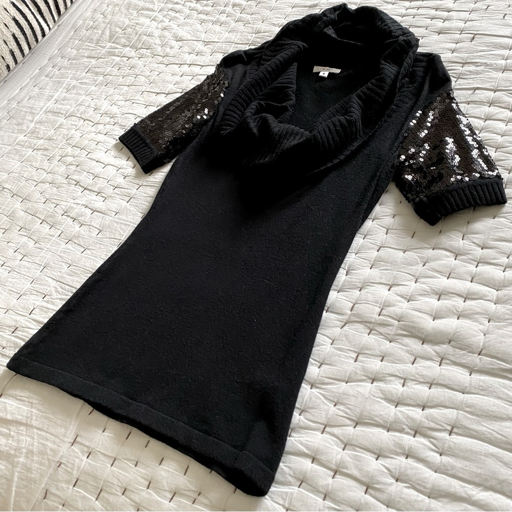 CACHE Black Cowl-Neck Sweater with Sequin Sleeves Size S
